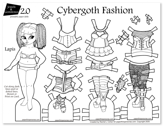A printable paper doll coloring page celebrating cybergoth fashion. The paper doll has 13 mix and match clothing pieces.