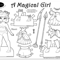 Magical girl printable paper doll coloring page for kids