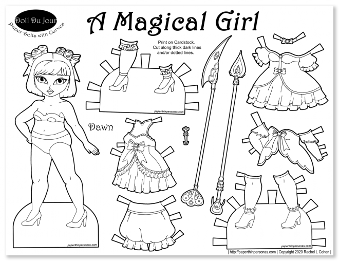 A magical girl paper doll with curves! And three outfits to print and play with.