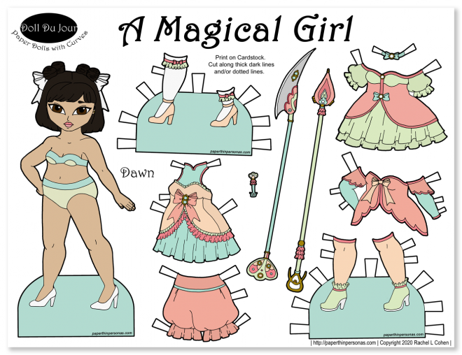 Printable magical girl paper doll with buns and three dresses