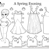 A paper doll coloring page with three evening gowns and three pairs of shoes.