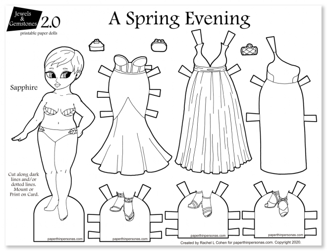 A paper doll coloring page with three evening gowns and three pairs of shoes. 