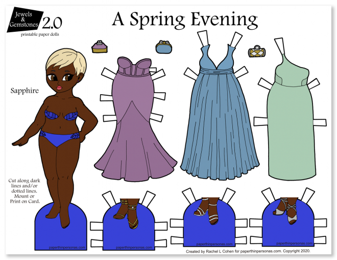 A paper doll with contemporary spring evening gowns, dark skin and blond hair. Free to print from paperthinpersonas.com.