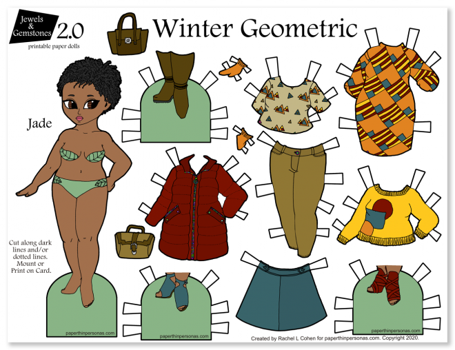 A black paper doll coloring page with curly hair and 12 clothing pieces. She's a printable from paperthinpersonas.com.