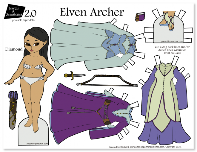 An elf paper doll with three dresses to print and play with.