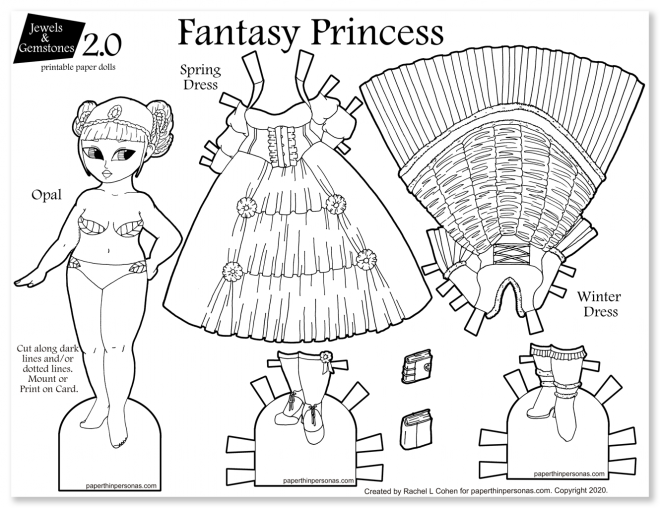 Black and white paper dolls and dresses to color and cut out. A princess with fantasy gowns.