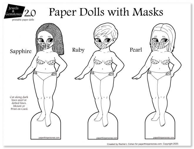 Three printable paper dolls in black and white.