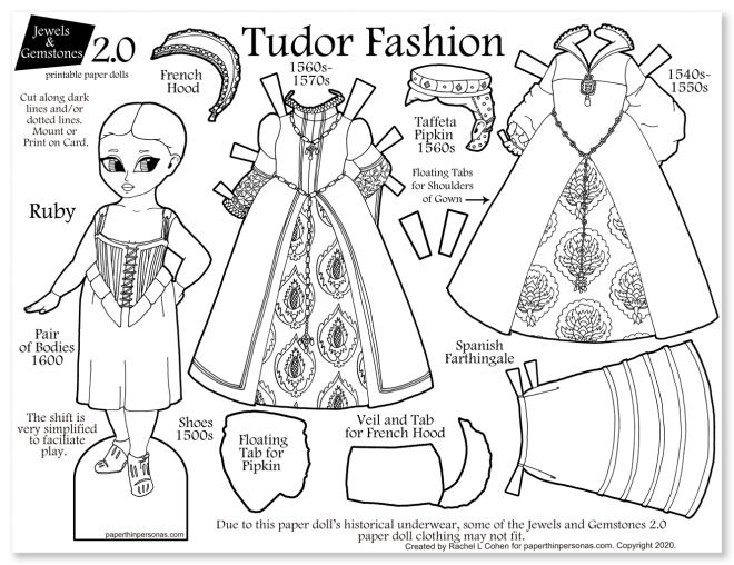 A printable tudor clothing paper doll coloring page with two dresses and period underwear. A great homeschooling history project.