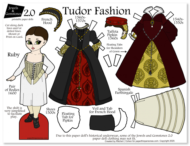 A printable tudor clothing paper doll with two dresses and period underwear. A great way to introduce kids to Tudor history and clothing.