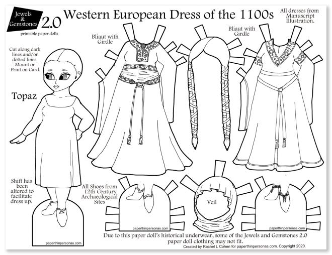 A printable paper doll coloring page of 1100s dresses with a paper doll and two gowns.