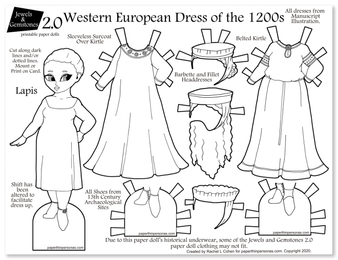A paper doll celebrating 13th century women's clothing with several dresses and headdresses.