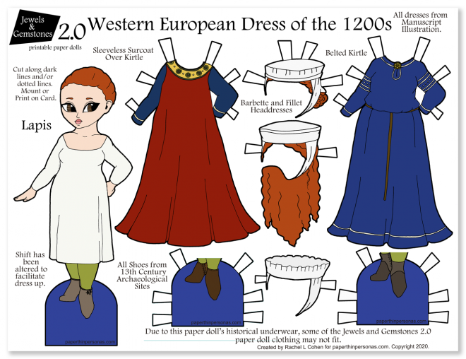 A colorful 13th century women's clothing paper doll with two dresses and three headdresses.