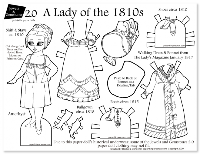 A beautiful paper doll with regency dresses to print and play with. This fun coloring page has one doll and six different clothing pieces.