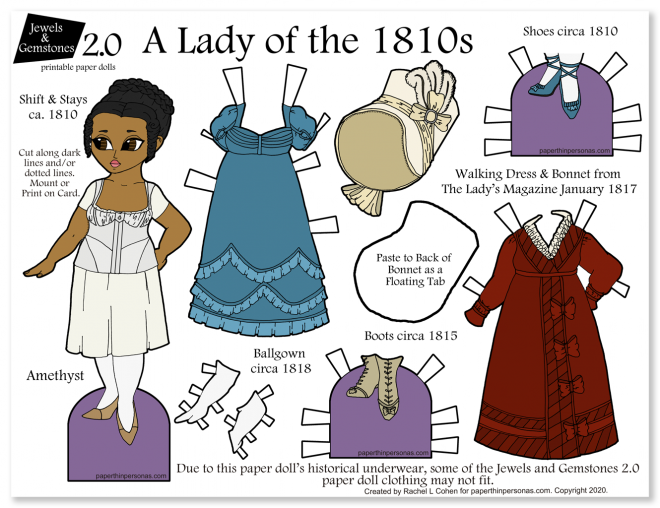 A beautiful colorful paper doll with regency dresses to print and play with.