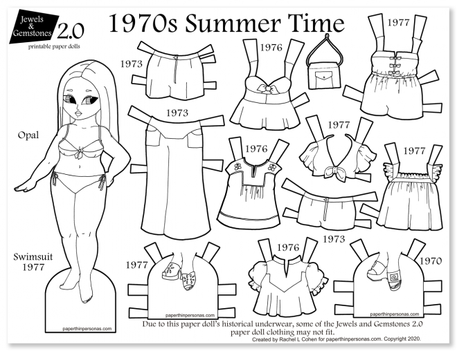 A black and white printable 1970s paper doll with 12 different mix and match pieces. A fun coloring page for vintage fashion folks.