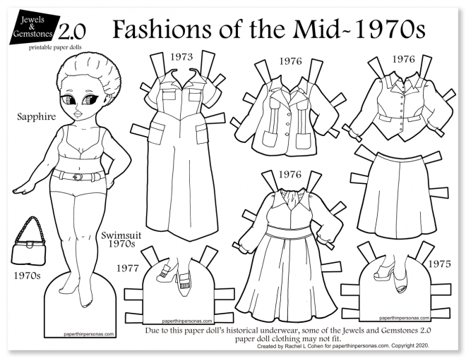 A 1970s fashion paper doll coloring page for printing out and playing with. Fun vintage fashion activity for kids featuring a black paper doll and her work wardrobe from the mid-1970s.