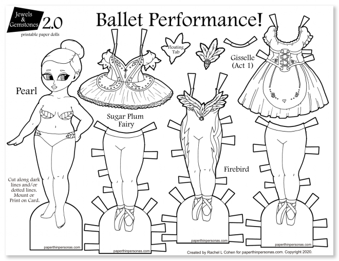 A curvy ballerina paper doll with three costumes to print and play with. She can share clothing with any of the other Jewels and Gemstones 2.0 paper dolls.