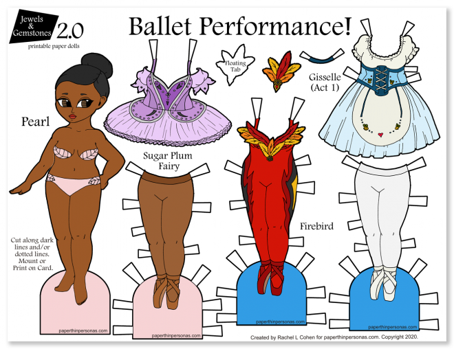 A curvy ballerina paper doll printable with three costumes to print and play with. She can share clothing with any of the other Jewels and Gemstones 2.0 paper dolls.
