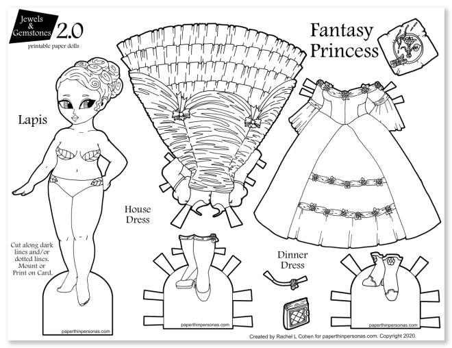 A paper doll with fantasy princess gowns to color. Printable from paperthinpersonas.com.