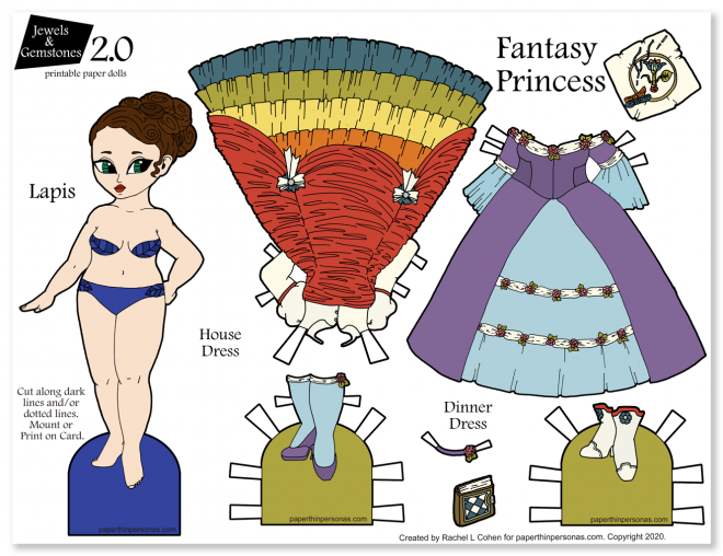 A brunette paper doll with fantasy princess gowns. One of hundreds of printable paper dolls from paperthinpersonas.com.