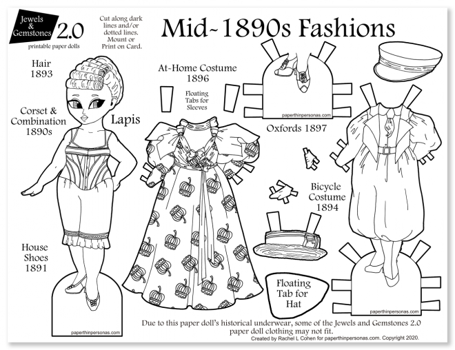 A printable paper doll coloring page celebrating the 19890s with two historical outfits, shoes, underwear and hats. Super great way to show fashion history to kids.
