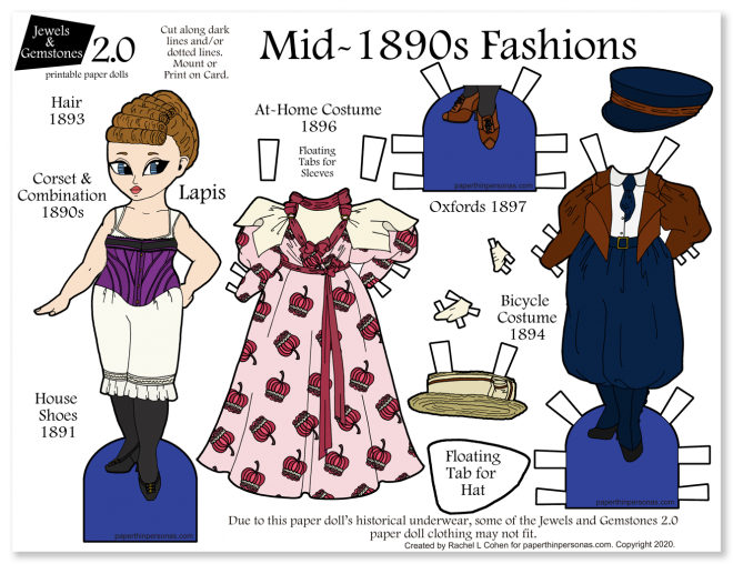 A printable paper doll celebrating the 19890s with two historical outfits, shoes, underwear and hats. Super great way to show fashion history to kids.