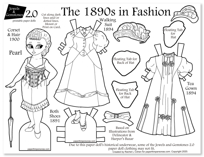 An 1890s dress up paper doll coloring page with two historical dresses, period underwear, hats and shoes. Fun way to learn about clothing history!