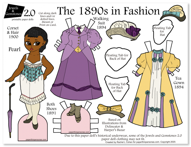 An 1890s dress up paper doll in color. She has two historical dresses, period underwear, hats and shoes. Fun way to learn about clothing history!