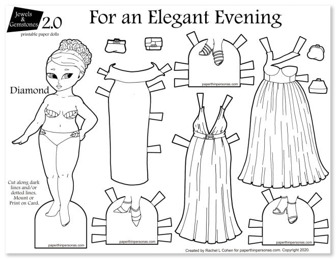 A printable paper doll coloring page with three gowns and two pairs of shoes.