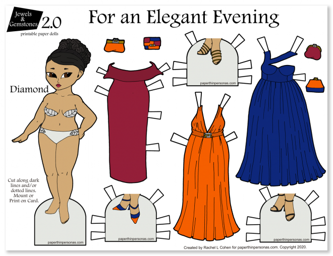 A colorful paper doll page with an elegant Asian lady and her three fantastic evening gowns.