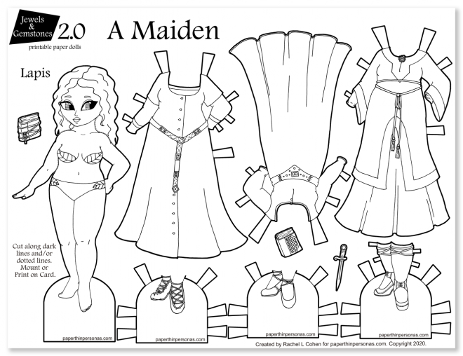 Fantasy medieval maiden paper doll coloring page with three dresses and three pairs of shoes.