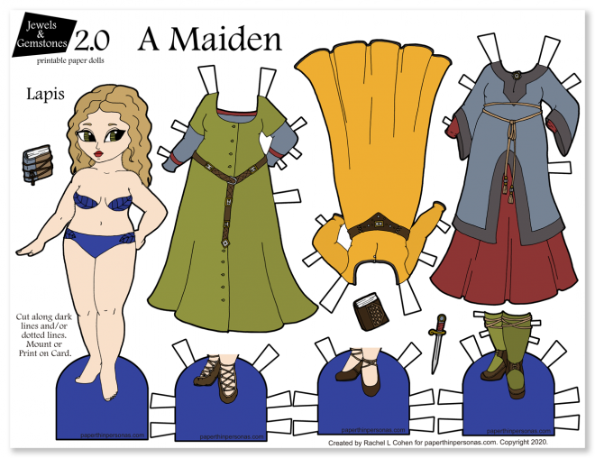 A colorful medieval inspired fantasy paper doll with blond hair and three dresses. Great indoor activity for kids.