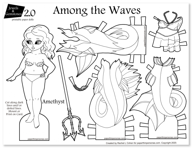 A beautiful mermaid doll coloring page with interchangeable tails. Printable paper fun for all ages.