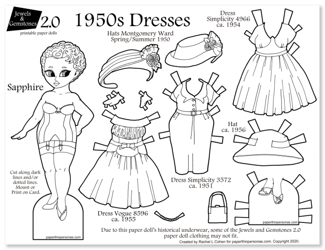 A 1950s black fashion paper doll to color with retro dresses and underwear. She has three dresses, three hats and two pairs of shoes.