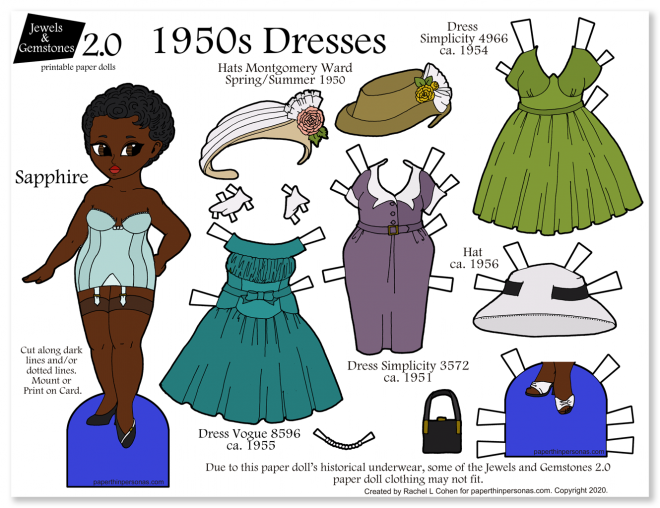 A 1950s black fashion paper doll to print with vintage dresses and underwear. She has three dresses, three hats and two pairs of shoes.