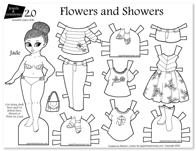 A fashionista paper doll coloring page featuring a curvy black doll and her wardrobe of floral inspired fashions.
