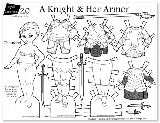 A lovely paper doll knight and her paper wardrobe to color and print. 