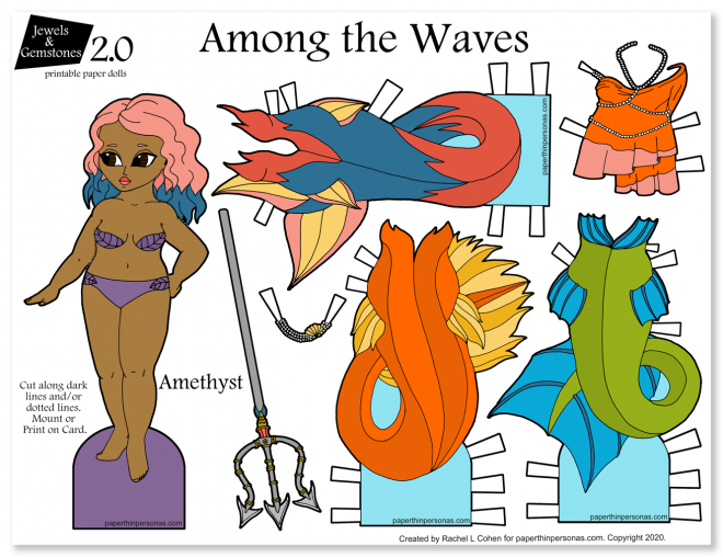 A beautiful mermaid doll with interchangeable tails. Printable paper fun for all ages.