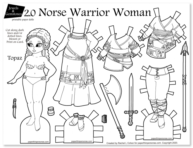 A printable black and white paper doll coloring page of a Viking fantasy woman with outfits, weapons and accessories.