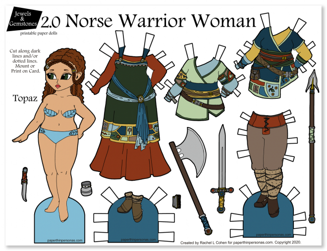 Printable Viking fantasy paper doll page with a mix and match wardrobe and some fun accessories.