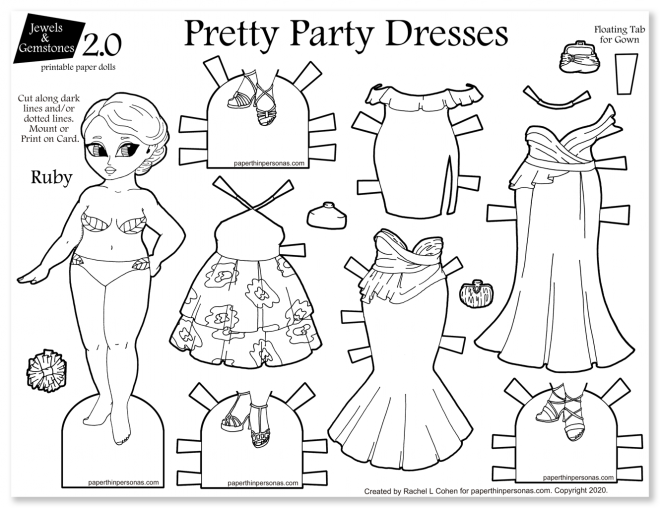 A beautiful black and white paper doll with four evening gowns and three shoes. She's curvy and lovely and super fun to print if you want a fun rainy day activity for kids. 