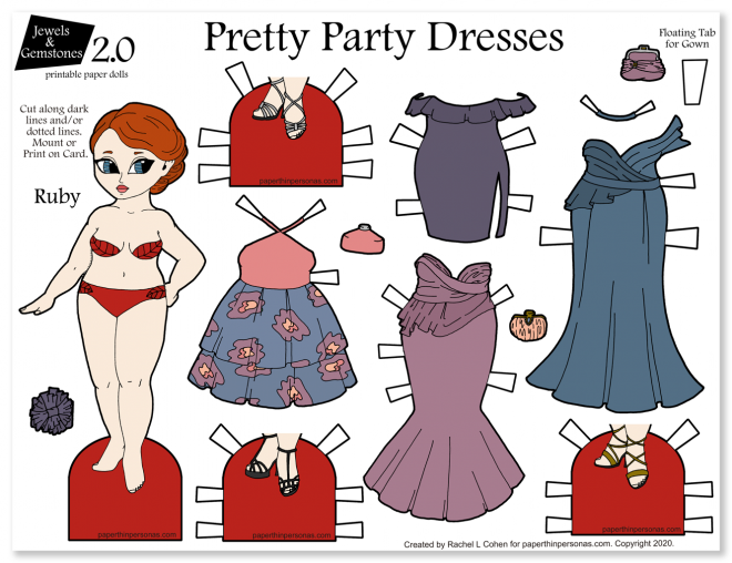 Fun curvy printable paper doll with four evening gowns. Super fun rainy day activity for kids. 