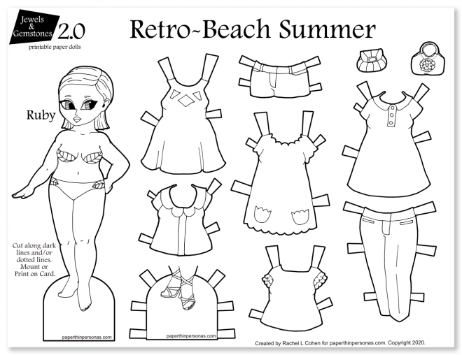 Paper doll coloring sheet with mix and match wardrobe from paperthinpersonas.com