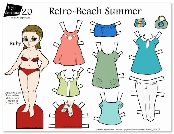 Brunette printable fashion paper doll dress up page with 8 mix and match clothing options.