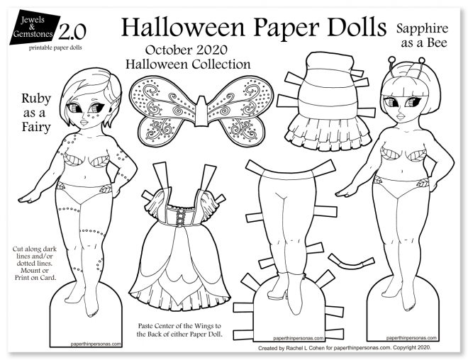 A pair of Halloween paper dolls on this fun coloring page! Super cute bumble bee costume and a fairy for these fun printable paper dolls.