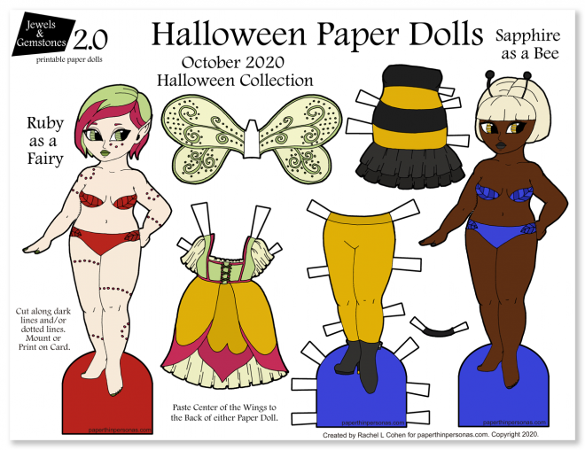 A pair of Halloween paper dolls! A bumble bee costume and a fairy costume for these fun printable paper dolls.