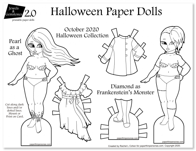 A black and white halloween paper dolls printable to color and play with featuring a ghost and a frankenstein's monster.