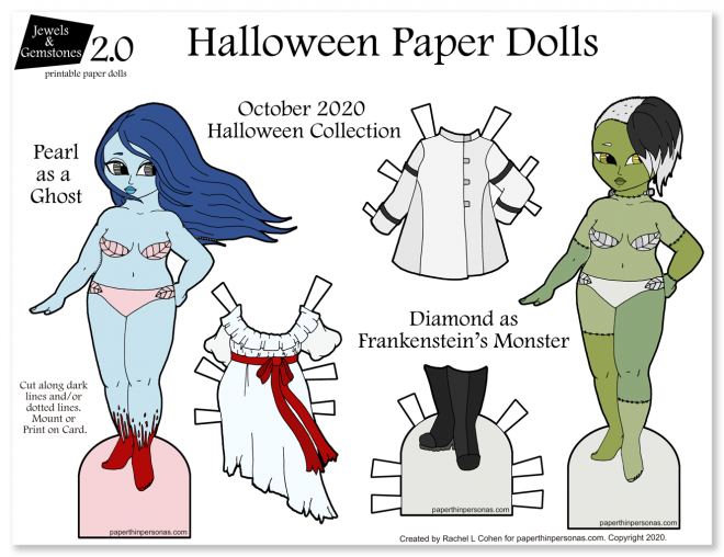 A halloween paper dolls printable to play with for indoor halloween fun featuring a ghost and a frankenstein's monster. Super cute, not at all scary!