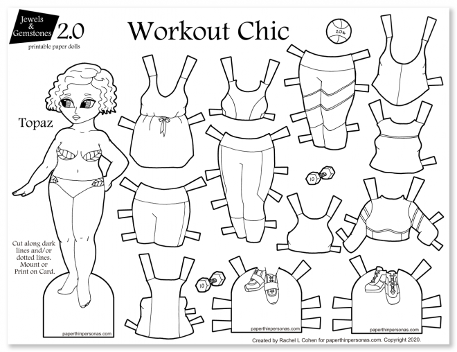 Paper fashion doll coloring page with workout clothing. She has a fantastic 12 piece wardrobe of cute gym mix and match clothing. 
