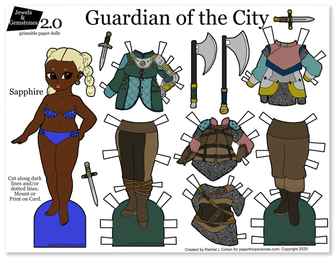 A knight paper doll with six mix and match pieces. Super cute black paper doll with lots of accessories. 